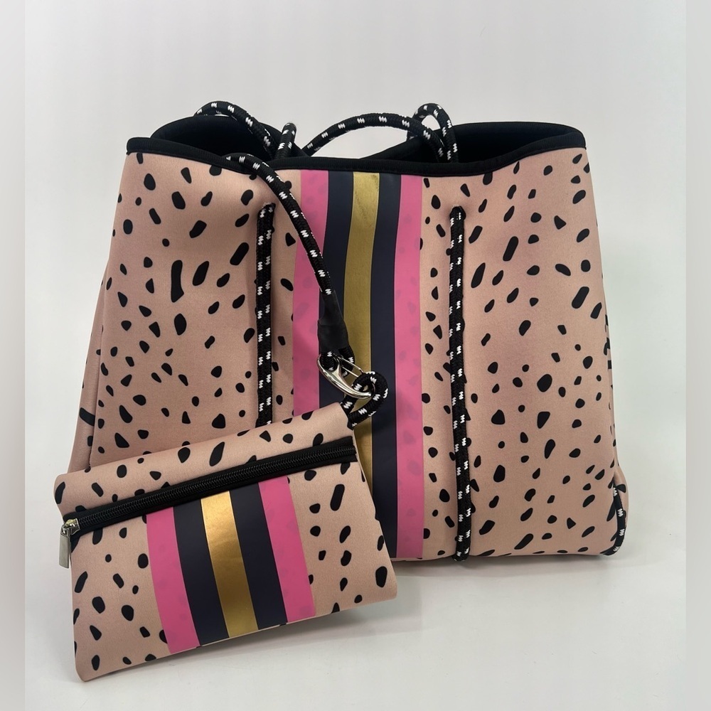 Large Neoprene Tote Bag and Wristlet Spring Fawn Blush Dots Pink Navy Stripes - Picture 3 of 15
